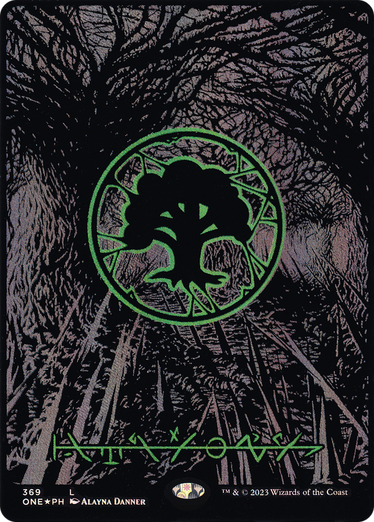Forest (Phyrexian) – Full Art (Oil Slick Raised Foil) (369) Foil - Phyrexia: All Will Be One