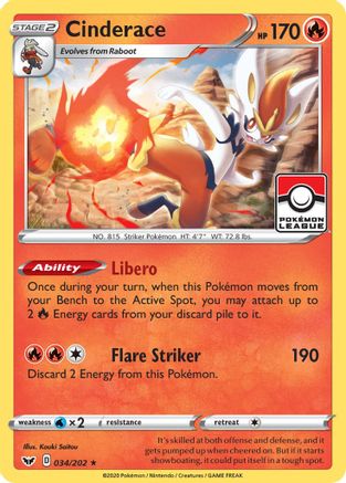Cinderace (Pokemon League) (34) Reverse Holofoil - Sword & Shield