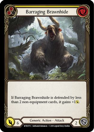 Barraging Brawnhide (Yellow) (WTR177) 1st Edition Rainbow Foil - Welcome to Rathe