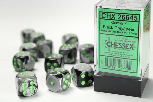 Chessex Gemini Black-Grey/Green 12d6 16mm | Silver Goblin