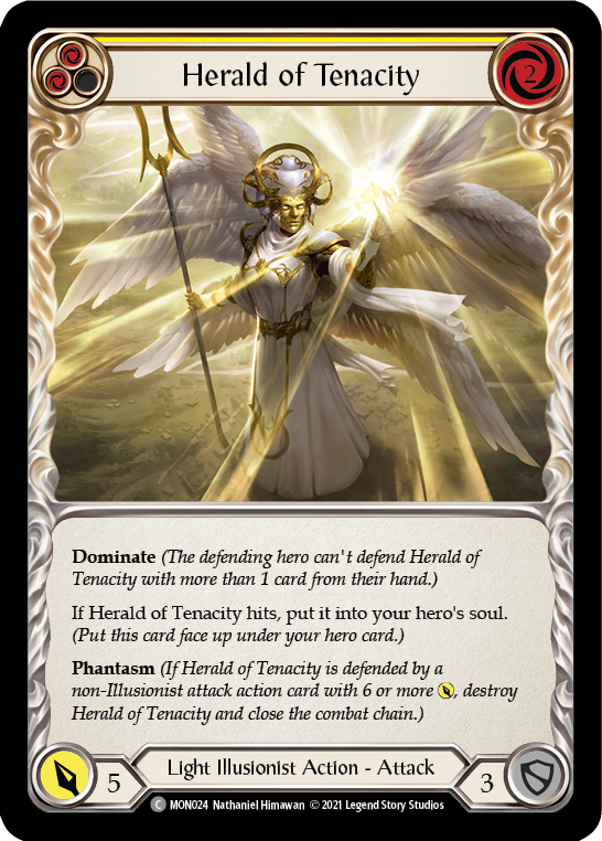 Herald of Tenacity (Yellow) [MON024-RF] (Monarch)  1st Edition Rainbow Foil | Silver Goblin