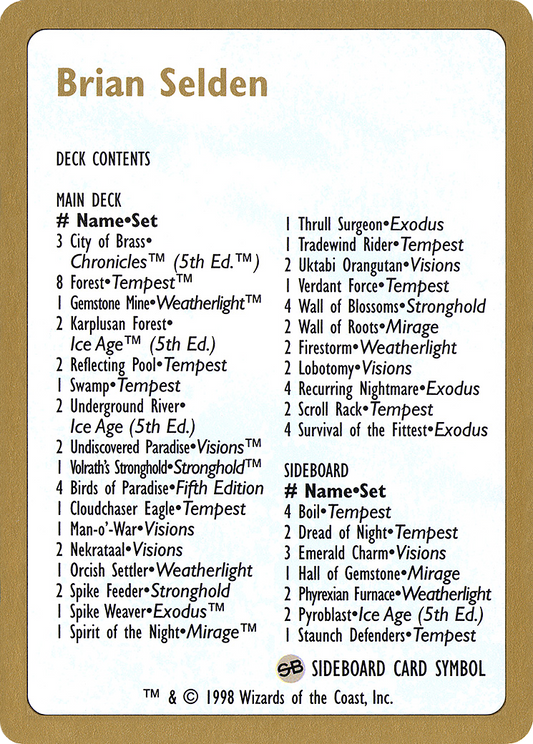 Brian Selden Decklist (Retro) (bs0b) - World Championship Decks 1998