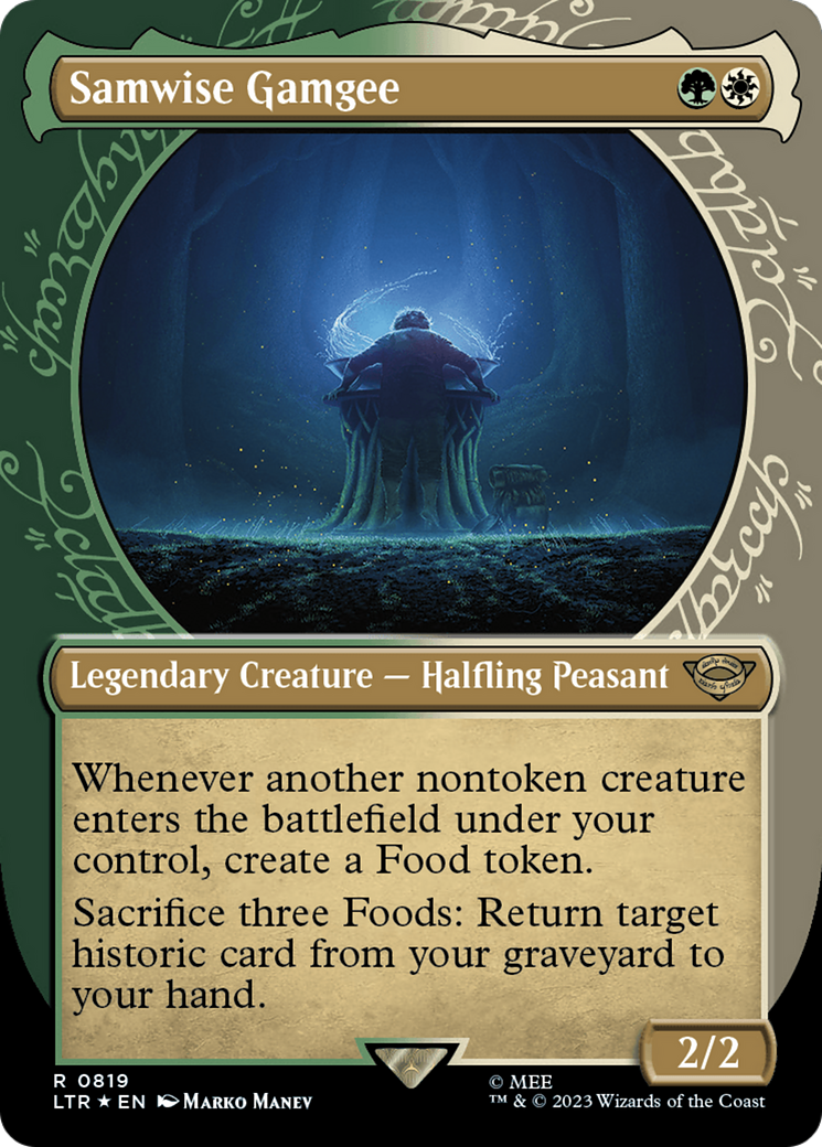 A collectible card from the Lord of the Rings series featuring an illustration of Samwise Gamgee, with a foil finish.