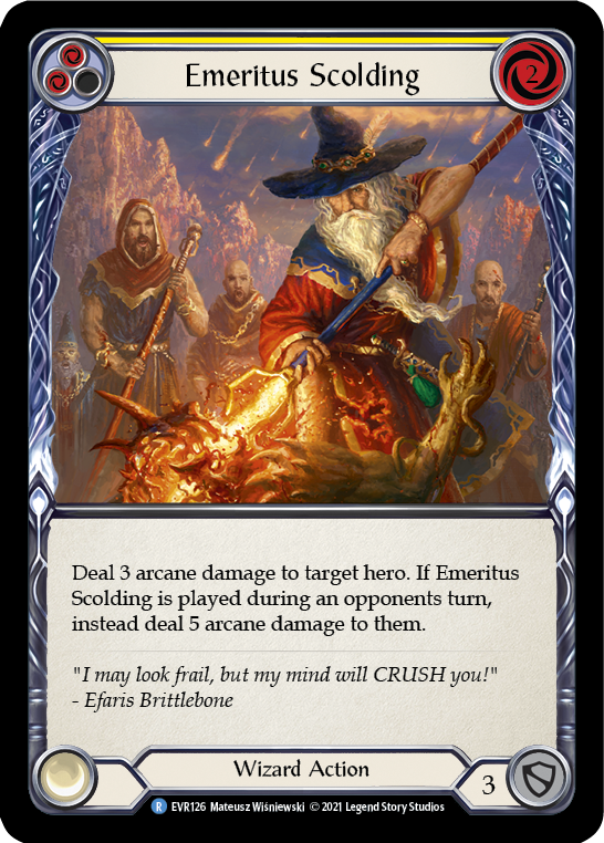 Emeritus Scolding (Yellow) [EVR126] (Everfest)  1st Edition Rainbow Foil | Silver Goblin