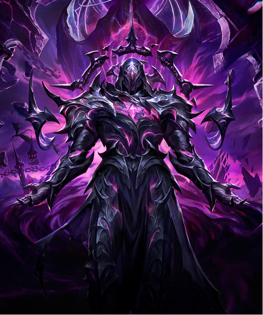 Fantasy digital art of a dark armored hooded figure with glowing purple energy, surrounded by jagged spiky structures in a dramatic purple and black scene.