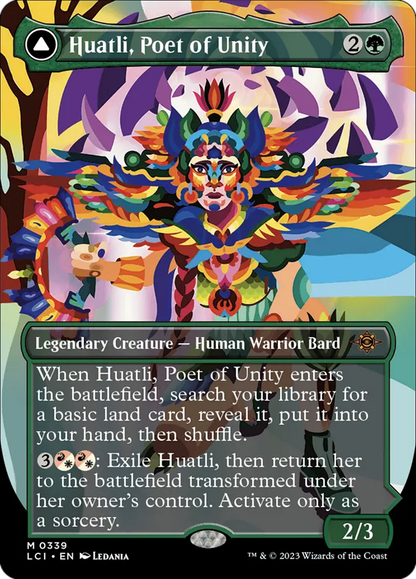 Huatli, Poet of Unity // Roar of the Fifth People (Borderless Oltec) (339) Foil - The Lost Caverns of Ixalan
