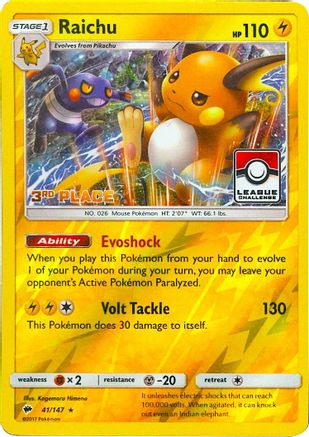 Raichu (League Challenge) [3rd Place] (41) Reverse Holofoil - Burning Shadows