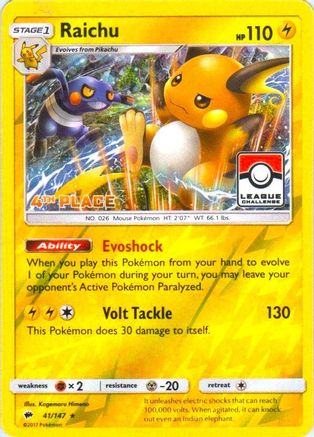 Raichu (League Challenge) [4th Place] (41) Reverse Holofoil - Burning Shadows
