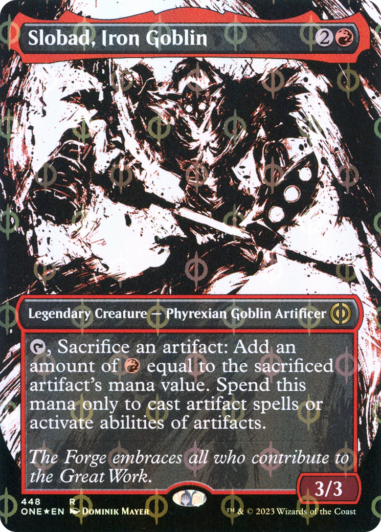 Slobad, Iron Goblin (Borderless Ichor Step-and-Compleat Foil) [Phyrexia: All Will Be One] | Silver Goblin