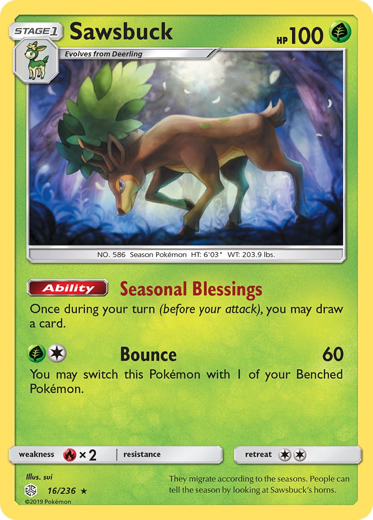 Sawsbuck (16/236) (Prerelease Kit Exclusive) (Theme Deck Exclusive) [Sun & Moon: Cosmic Eclipse] | Silver Goblin