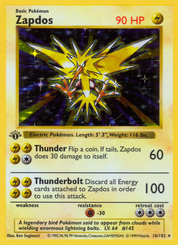 Zapdos (16/102) (Shadowless) [Base Set 1st Edition] | Silver Goblin