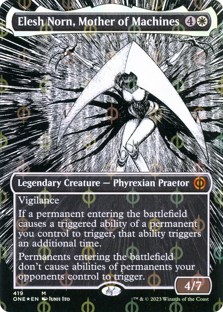 Elesh Norn, Mother of Machines (Borderless Manga Step-and-Compleat Foil) [Phyrexia: All Will Be One] | Silver Goblin