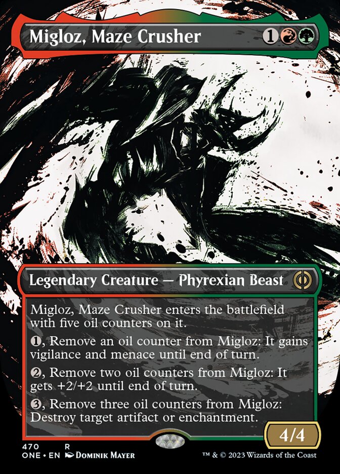 Migloz, Maze Crusher (Borderless Ichor Step-and-Compleat Foil) [Phyrexia: All Will Be One] | Silver Goblin